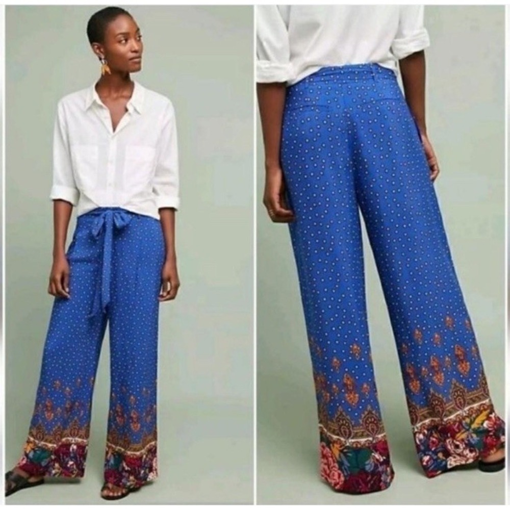 EttiTwa By Anthropologie Printed patterned Wide-Leg Trouser Pants size 14 Blue